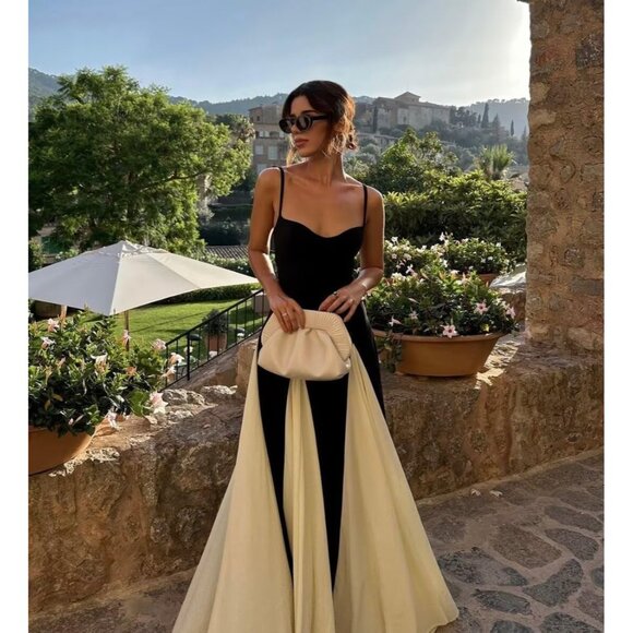 Women Spaghetti Straps Satin Maxi Dress Party Wedding Guest Black White - Picture 7 of 8